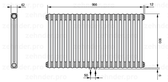 Схема (чертеж) Радиатор Zehnder Charleston 2090/21 №5410 Белый глянцевый RAL 9016